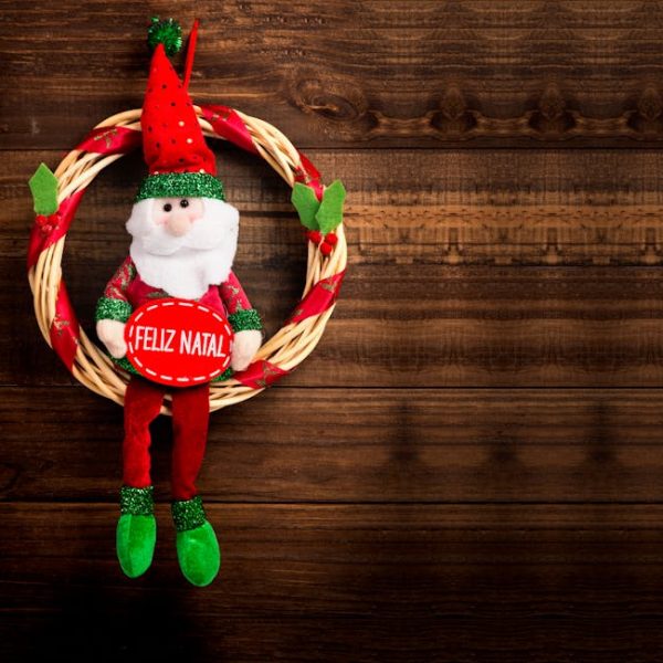 A festive wreath with a plush Santa Claus figure holding a red sign that says "Feliz Natal," hanging on a wooden wall.