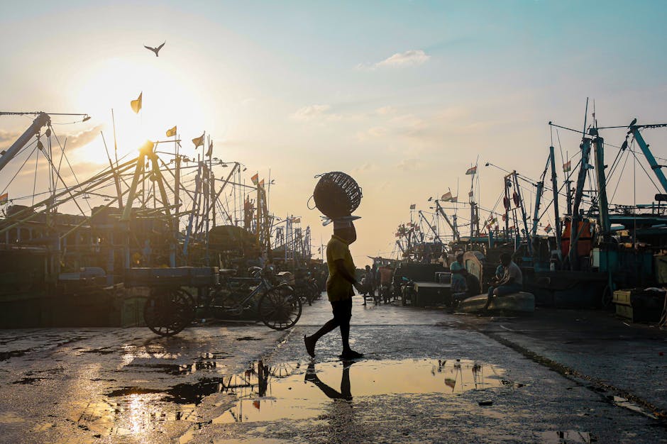 A person carrying a basket on their head walks through a wet dock area with fishing boats and equipment at sunset.