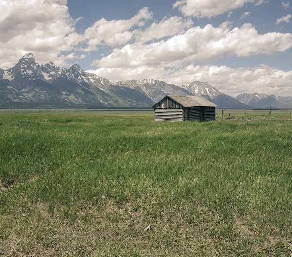 A small wooden cabin stands alone in a grassy field with snow-capped mountains and scattered clouds in the background.