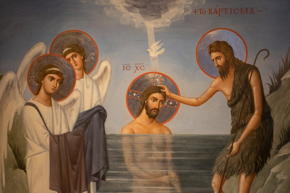 Religious painting showing Jesus being baptized in a river by John the Baptist, with two angels standing nearby and a dove above.
