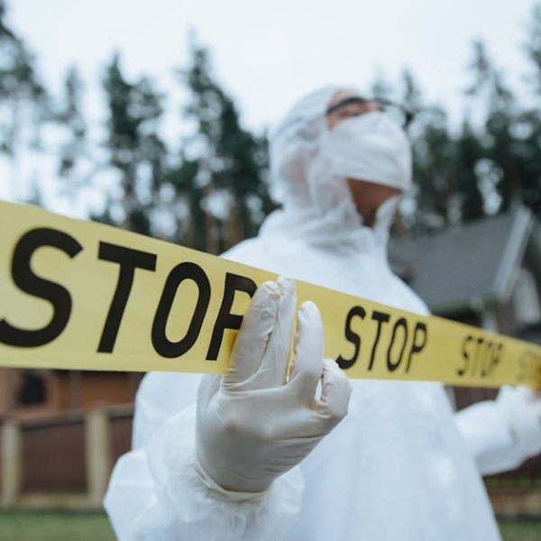 Person in protective suit and mask holding yellow tape marked "STOP" outdoors near houses and trees, suggesting a restricted or hazardous area.