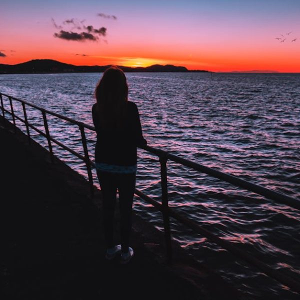 A person stands by a metal railing overlooking the ocean at sunset, with silhouetted hills and birds visible in the background.