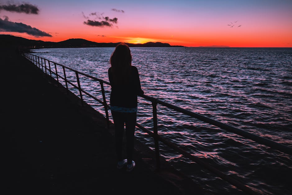 A person stands by a metal railing overlooking the ocean at sunset, with silhouetted hills and birds visible in the background.