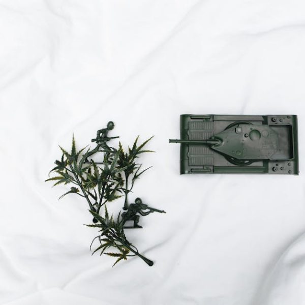 Plastic toy soldiers and a toy tank are arranged on a white surface next to a small artificial plant.