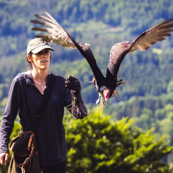 A woman with a bird flying in the air.