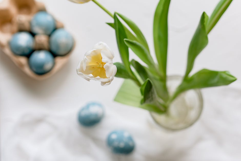 A white tulip in a glass vase next to blue dyed eggs on a white surface, with more eggs in a carton in the background.