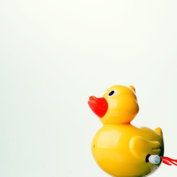 A yellow plastic wind-up toy duck with a red beak is set against a plain, light background.