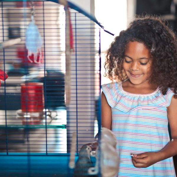 A young girl with curly hair stands next to a birdcage, smiling and looking at a small animal inside.