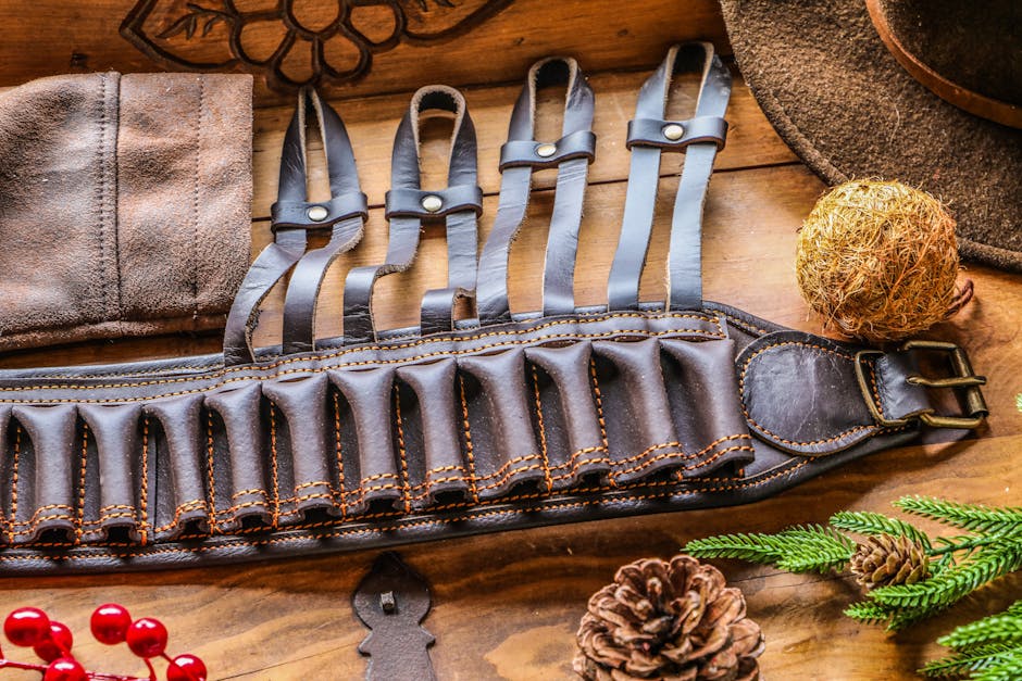 A brown leather ammunition belt with multiple loops lies on a wooden surface, surrounded by a hat, pinecone, evergreen branch, and decorative items.