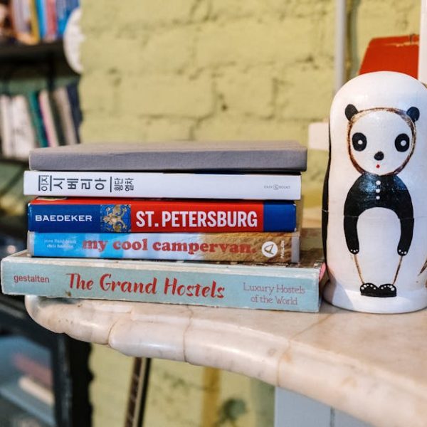 A stack of five travel books sits on a marble surface next to a painted panda figurine, with shelves and books in the blurred background.